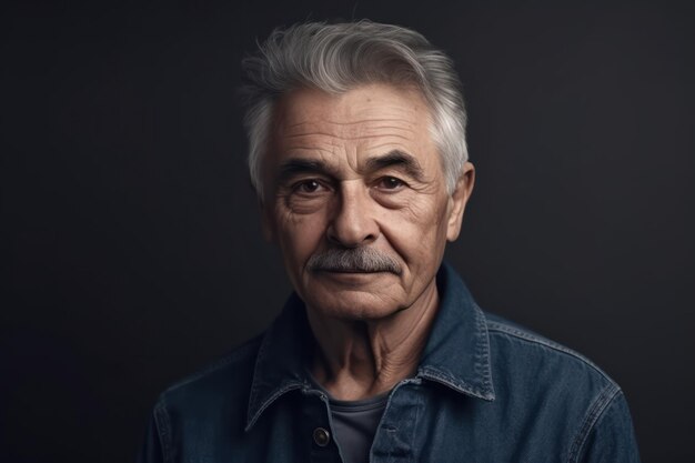 Portrait of confident elderly man in blue denim shirt on gray background