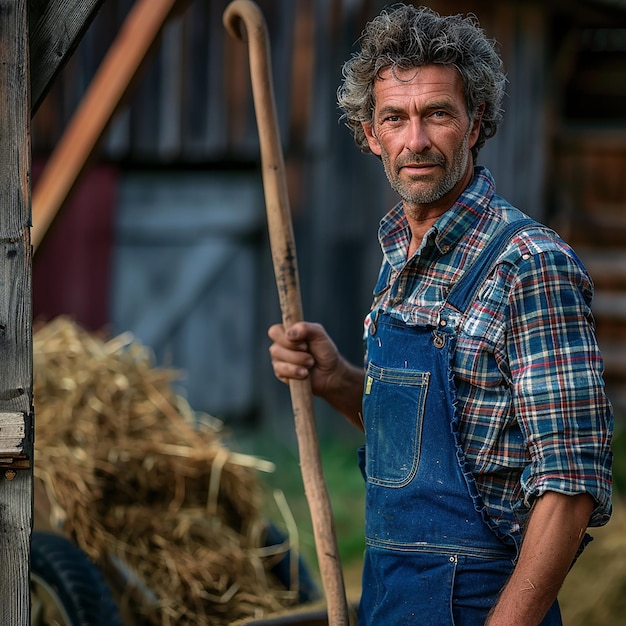 Portrait of confident farmer holding pitchfork while standing in farm