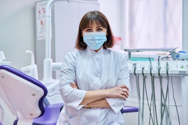 Portrait of confident female dentist doctor in office looking at camera