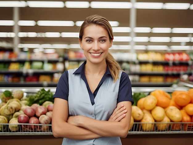 portrait of confident female manager work in a supermarket with smile on face