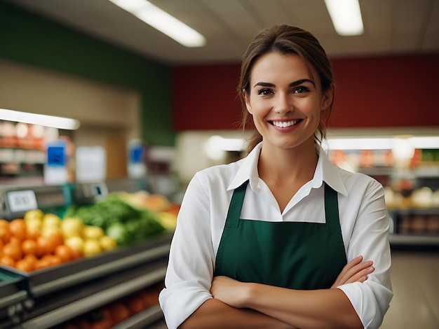 portrait of confident female manager work in a supermarket with smile on face