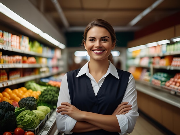 portrait of confident female manager work in a supermarket with smile on face