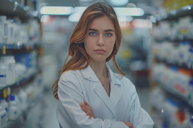 Photo portrait of confident female pharmacist in the drugstore looking at camera