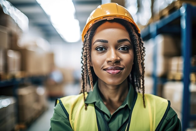 Portrait of confident female warehouse worker smiling for camera in work environment Generative AI