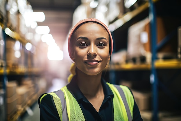 Portrait of confident female warehouse worker smiling for camera in work environment Generative AI