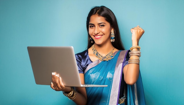 Portrait Confident Indian Woman in Saree Using Laptop and Smiling