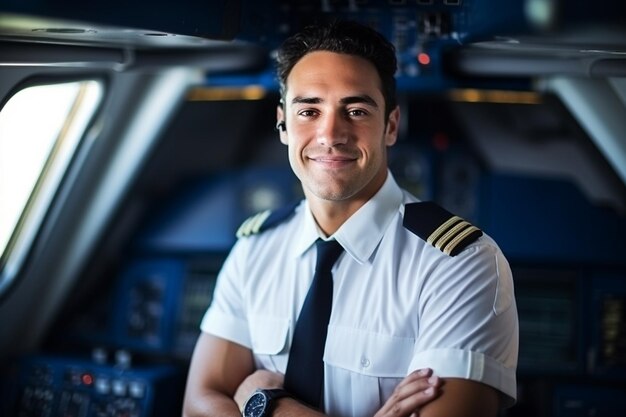 Photo portrait of confident male pilot in uniform keeping arms crossed and smiling while standing inside