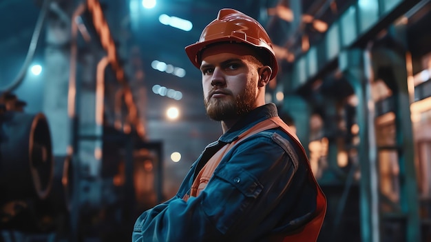 Portrait of a confident male worker wearing a hard hat and safety vest standing