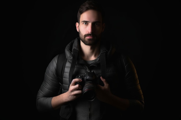 portrait of confident man holding camera while standing against black background