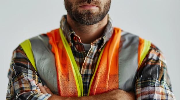 Portrait of a confident man wearing in a reflective safety vest with arms crossed