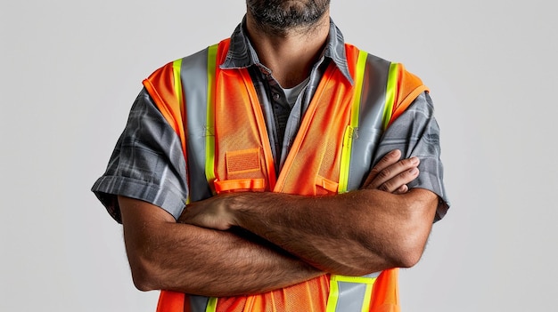 Portrait of a confident man wearing in a reflective safety vest with arms crossed