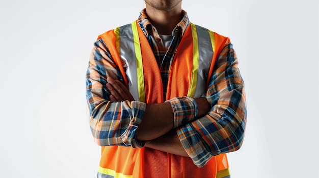 Portrait of a confident man wearing in a reflective safety vest with arms crossed