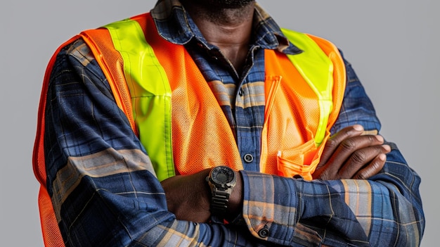 Portrait of a confident man wearing in a reflective safety vest with arms crossed