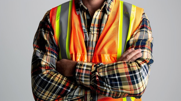 Portrait of a confident man wearing in a reflective safety vest with arms crossed