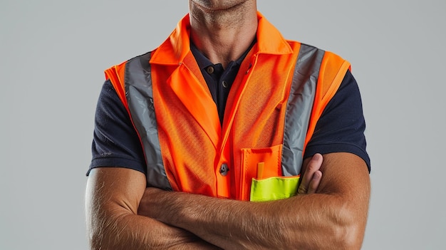 Photo portrait of a confident man wearing in a reflective safety vest with arms crossed