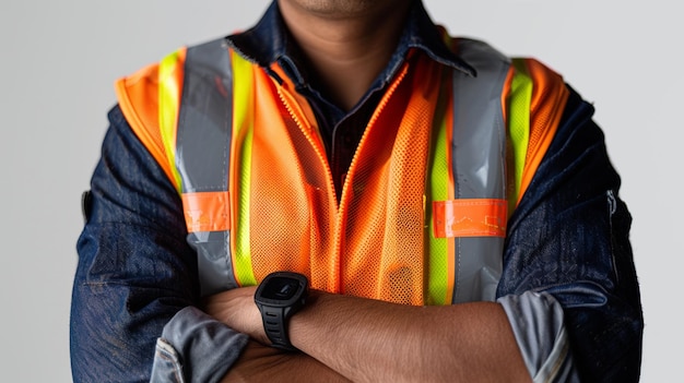 Portrait of a confident man wearing in a reflective safety vest with arms crossed