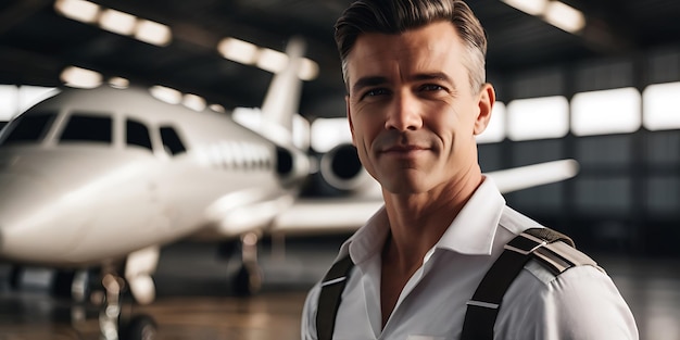 Photo portrait of a confident pilot standing close to aircraft