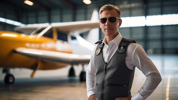 Photo portrait of a confident pilot standing close to aircraft