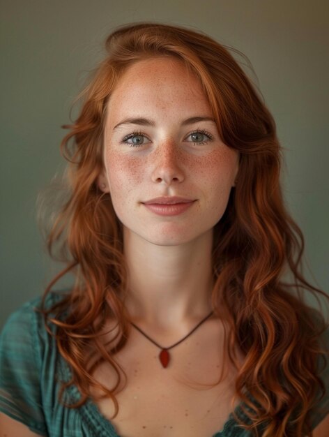 Portrait of a Confident Redhead Woman with Freckles and Wavy Hair