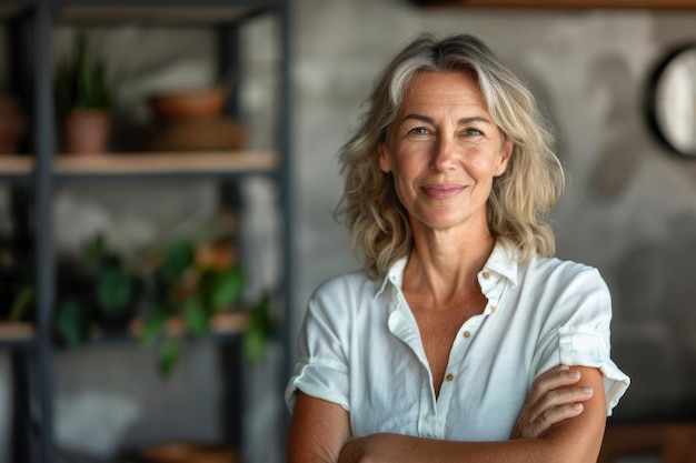 Photo portrait of confident smiling middle aged woman with crossed arms