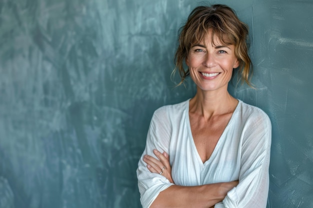 Photo portrait of confident smiling middle aged woman with crossed arms