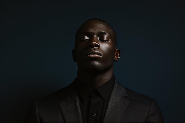 Portrait of a confident successful afro american man with closed eyes in a suit on a dark background magazine style