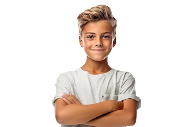 Portrait of Confident Teenage Boy Posing on White Background with His Arms Crossed