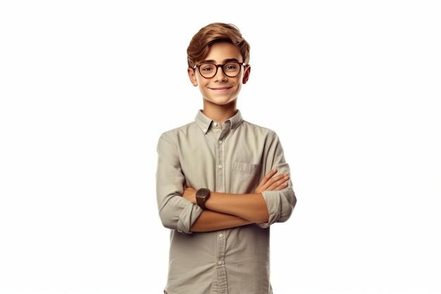 Portrait of Confident Teenage Schoolboy Posing on Copy Space with His Arms Crossed Kid on White Background Positive Emotions Close Up Mockup for Advertising Banner Generative AI