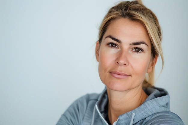 Photo portrait of a confident woman in a grey hoodie