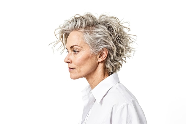 Portrait of a confident woman with short grey hair looking to the side isolated on white background