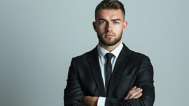 portrait of a confident young businessman with a neatly trimmed beard and short hair and black suit