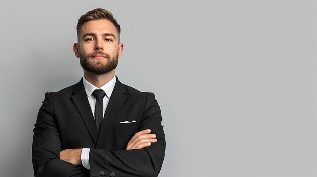 portrait of a confident young businessman with a neatly trimmed beard and short hair and black suit