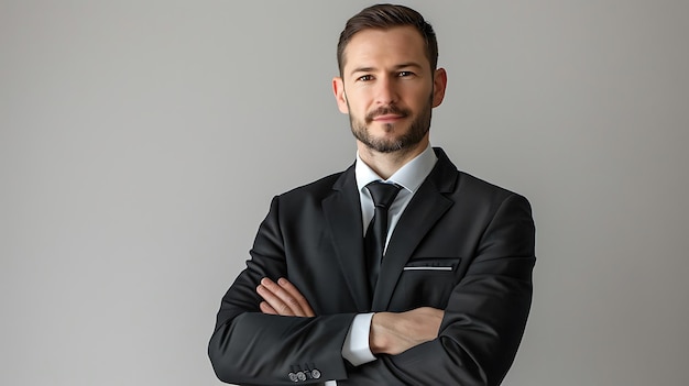 portrait of a confident young businessman with a neatly trimmed beard and short hair and black suit