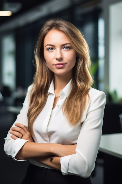 portrait of a confident young businesswoman in a modern office created with generative ai