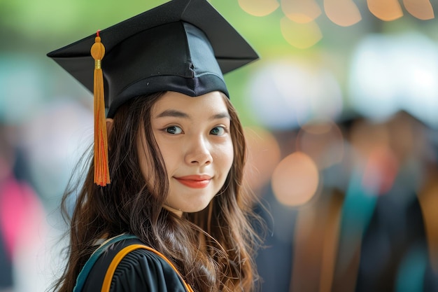 Portrait of a Confident Young Female Graduate in Cap and Gown at Commencement Ceremony Proud