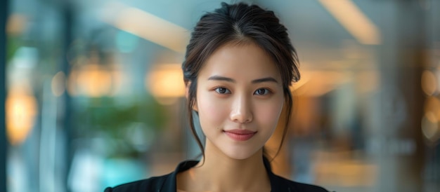 Portrait of a Confident Young Woman in a Modern Office Setting with Blurred Background