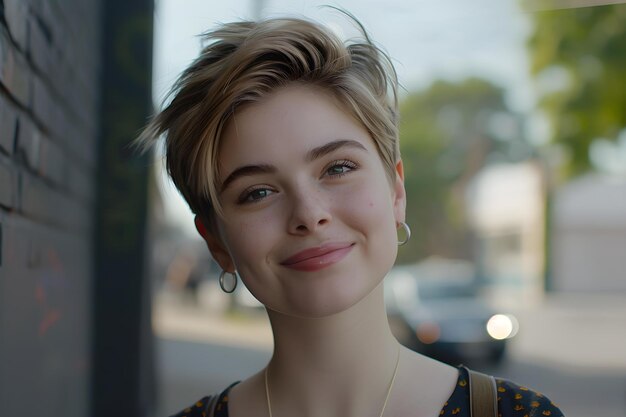 Portrait of a Confident Young Woman with Short Blond Hair Smiling Concept Outdoor Photoshoot Portraits Confidence Young Woman Short Blond Hair Smiling