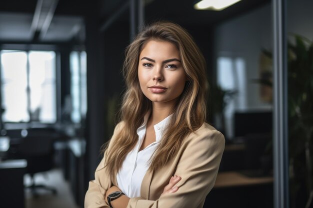 Portrait of a confident young woman working in a modern office created with generative ai