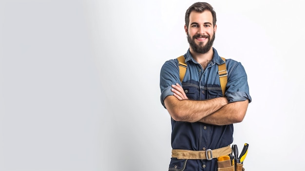 Photo portrait of a confidet handyman in denim work attire casually posing against a plain white background the image showcases a craftsman with a friendly smile perfect for promotional purposes ai