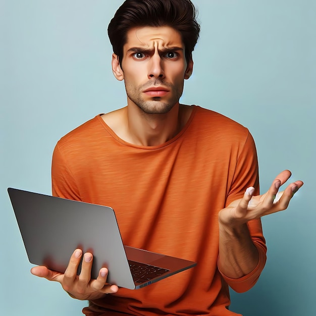 Portrait of a confused puzzled minded African American man in orange top with laptop