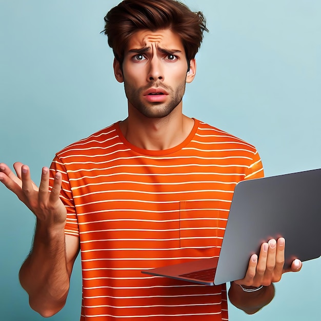 Portrait of a confused puzzled minded African American man in orange top with laptop