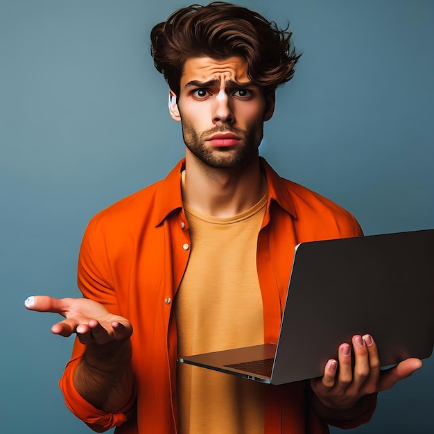 Portrait of a confused puzzled minded African American man in orange top with laptop