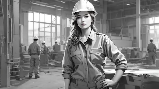 Portrait of construction woman worker in orange uniform is in the factory