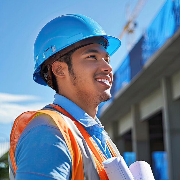 Photo a portrait of a construction worker outside during the day the man is smiling and looking off into t