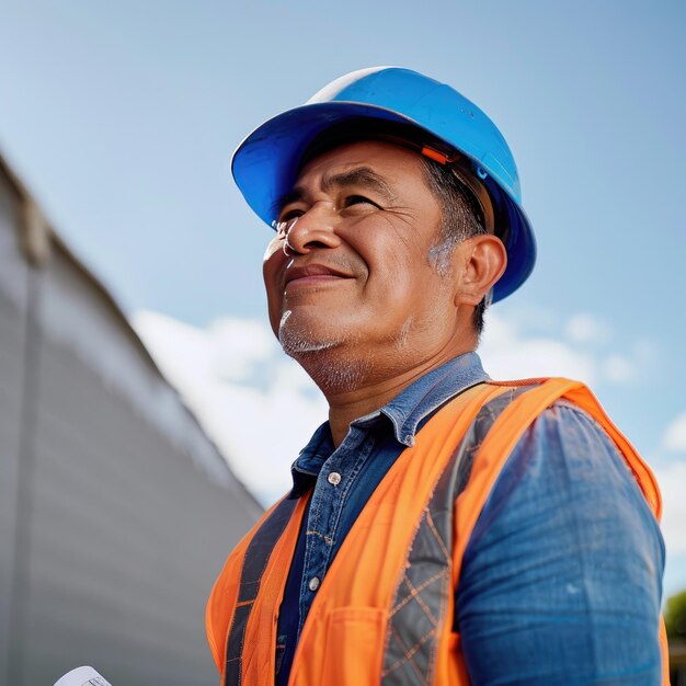 Photo a portrait of a construction worker outside during the day the man is smiling and looking off into t