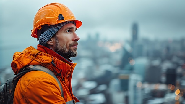 Photo portrait of construction worker with safety helmet and city buildings under construction on white