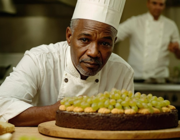 Portrait of a cook in the kitchen with fruits Generation of AI