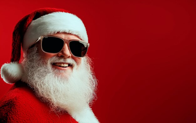 Photo portrait of cool santa claus wearing sunglasses over red background