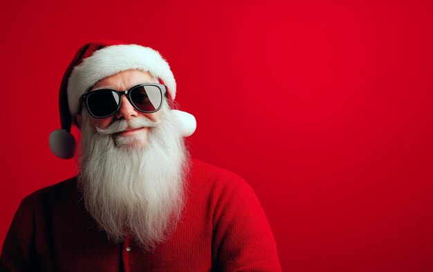 Photo portrait of cool santa claus wearing sunglasses over red background