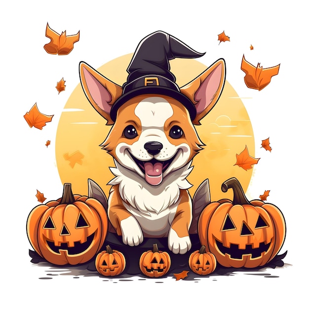 Portrait of a Corgi themed as Halloween on white background